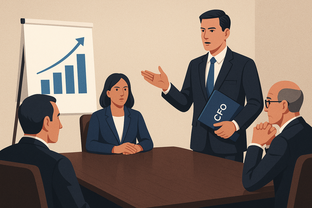 Business meeting discussing Governance in PE-Backed Firms with CFO presenting financial growth chart