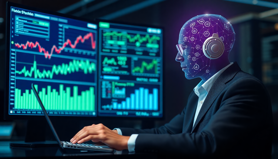 Artificial intelligence analyzing stock market data and trading charts on multiple computer screens