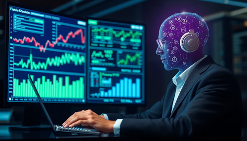 Artificial intelligence analyzing stock market data and trading charts on multiple computer screens