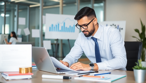 Professional man working on laptop and papers as a Fractional Chief Financial Officer in modern office