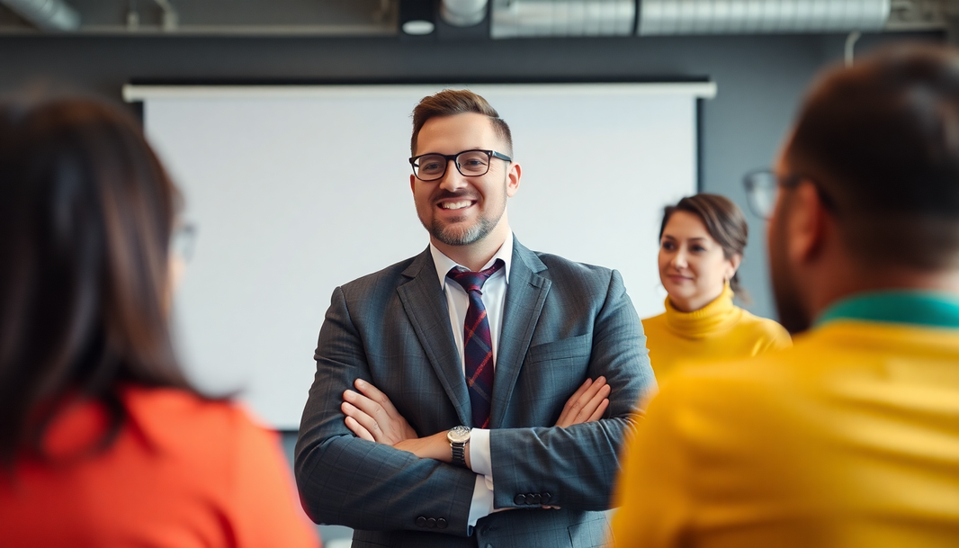 Smiling professional giving a presentation on CFO Meaning, Role & Salary to an engaged audience in a meeting room